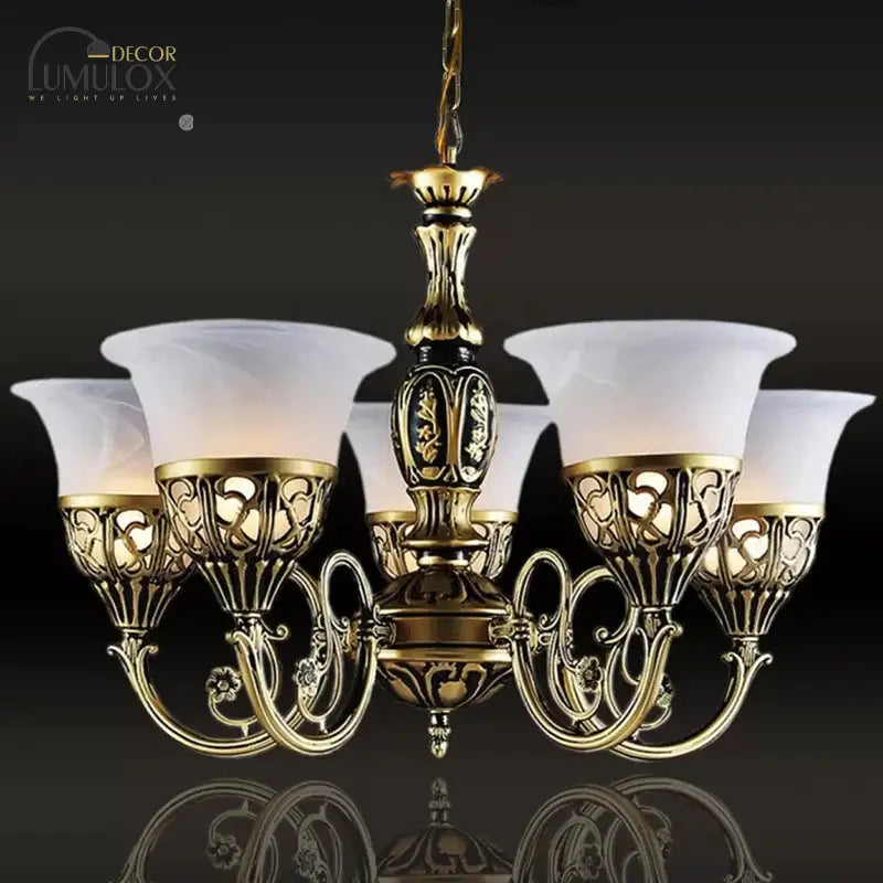 Vintage Bell Hanging Ceiling Light 5 Bulbs Opal Frosted Glass Chandelier With Scroll Arm In Bronze