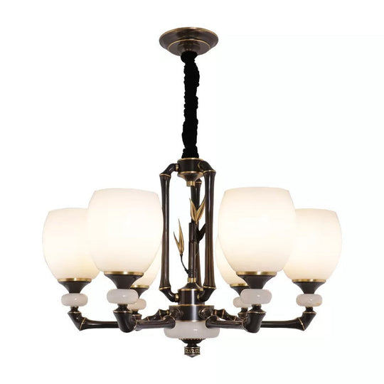 Vintage Cream Glass 6-Head Black Bell Suspension Chandelier For Dining Room