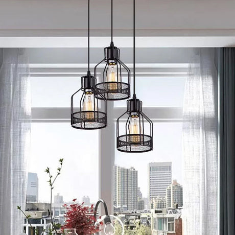 Rustic Black Iron Multi-Pendant Hanging Light With 3 Lights - Ideal For Dining Room Decor