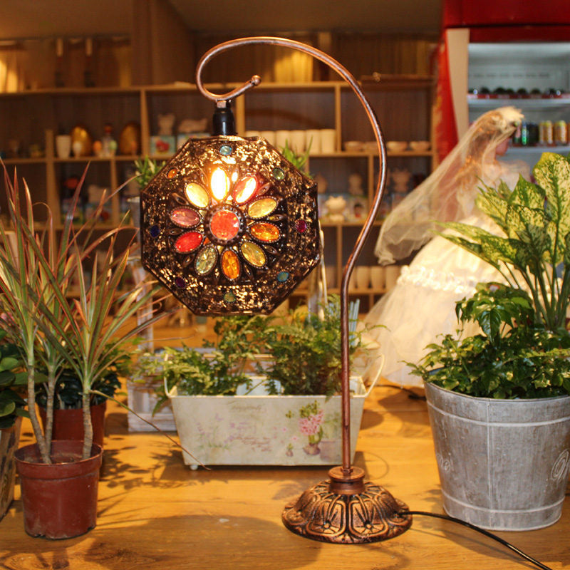 Bronze Stained Glass Octagon Night Lamp - Gooseneck Single-Bulb Table Light