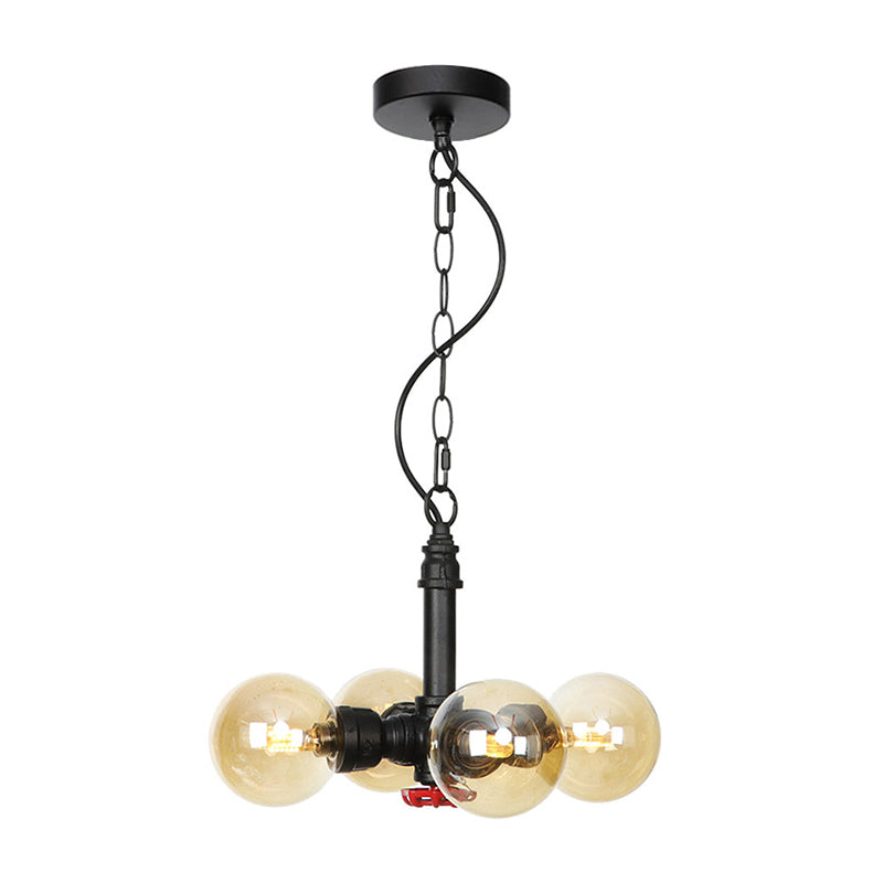 Vintage Amber/Clear Glass Chandelier Pendant Lamp - 4 Lights Global Black Hanging Ceiling Fixture