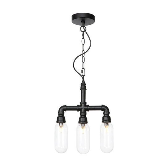 Industrial Glass Pipe Chandelier With Amber/Clear Accents - 3-Head Led Ceiling Fixture For Dining