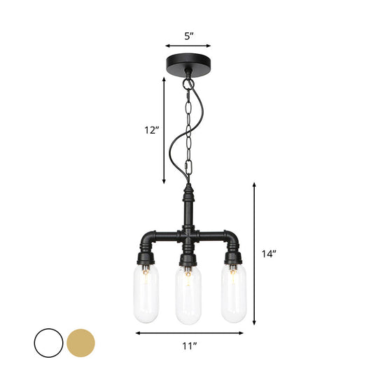 Industrial Glass Pipe Chandelier With Amber/Clear Accents - 3-Head Led Ceiling Fixture For Dining