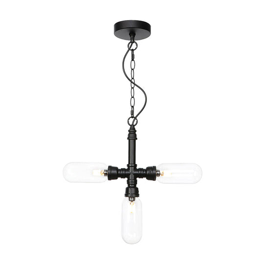 Industrial Glass Pipe Chandelier With Amber/Clear Accents - 3-Head Led Ceiling Fixture For Dining