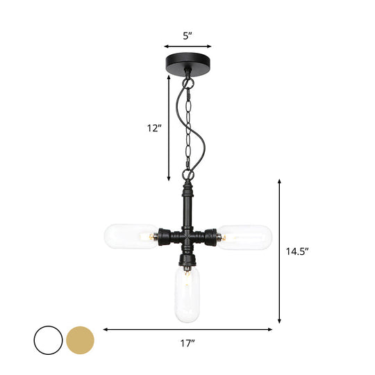 Industrial Glass Pipe Chandelier With Amber/Clear Accents - 3-Head Led Ceiling Fixture For Dining