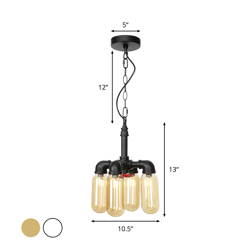 Vintage Water Pipe Chandelier Pendant Lighting - Led Hanging Lamp Kit With 4 Amber/Clear Glass Bulbs