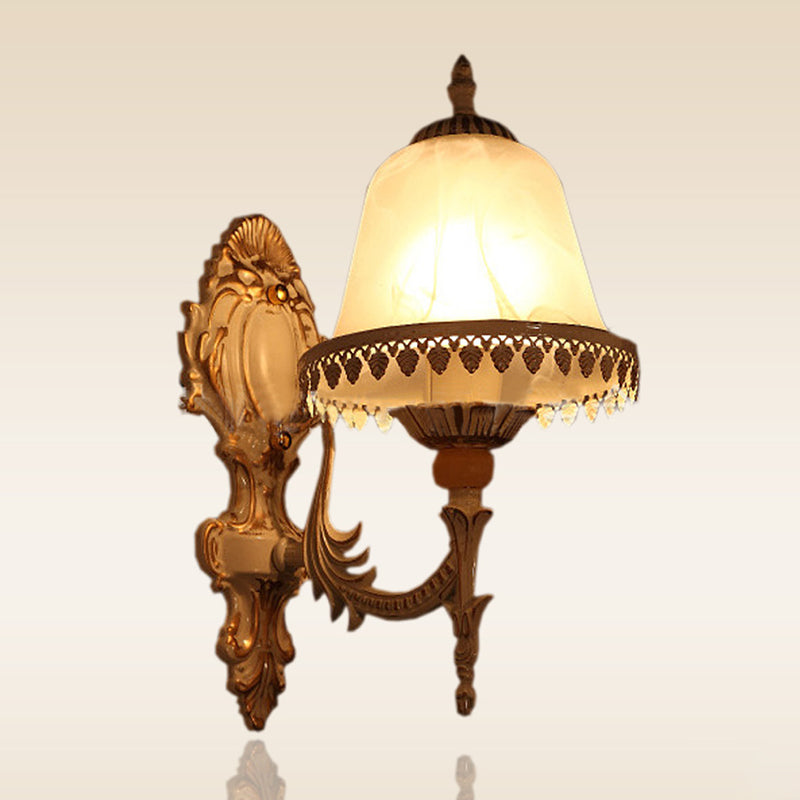 Vintage Beige Cloche Wall Light Fixture With Frosted White Glass - Single-Bulb Bedroom Lighting