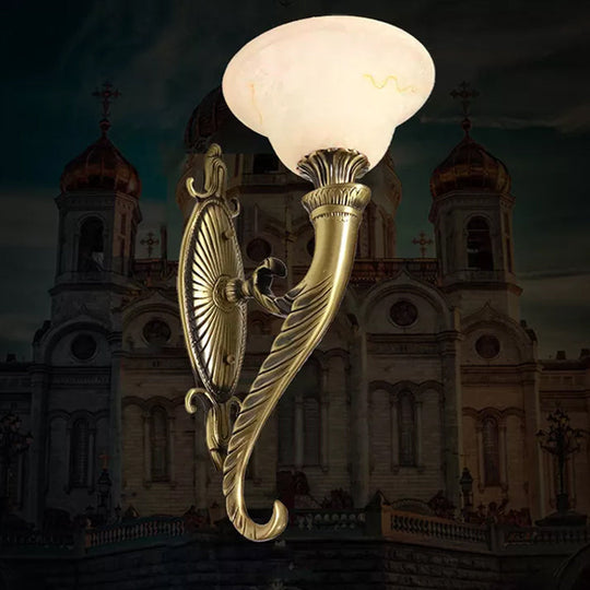 Traditional Bronze Wall Lamp With Scroll Arm Bell White Glass Shade - Kitchen Light Fixture