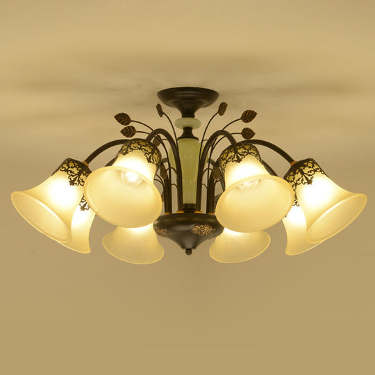 Frosted Glass Morning Glory Chandelier - Farmhouse Ceiling Pendant (3/6/8 Lights) In Black/White