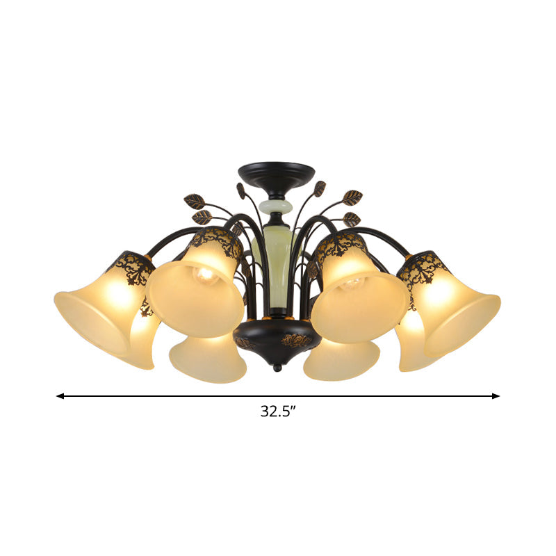 Frosted Glass Morning Glory Chandelier - Farmhouse Ceiling Pendant (3/6/8 Lights) In Black/White