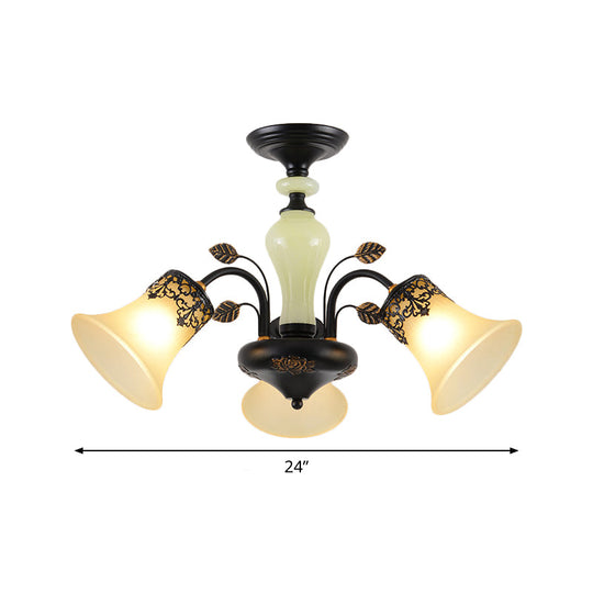 Frosted Glass Morning Glory Chandelier - Farmhouse Ceiling Pendant (3/6/8 Lights) In Black/White