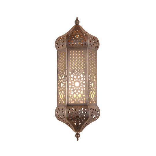 Turkish Iron Hollow-Out Wall Light With Antiqued Brass Finish - 1 Bulb Living Room Lantern Sconce