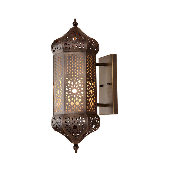 Turkish Iron Hollow-Out Wall Light With Antiqued Brass Finish - 1 Bulb Living Room Lantern Sconce