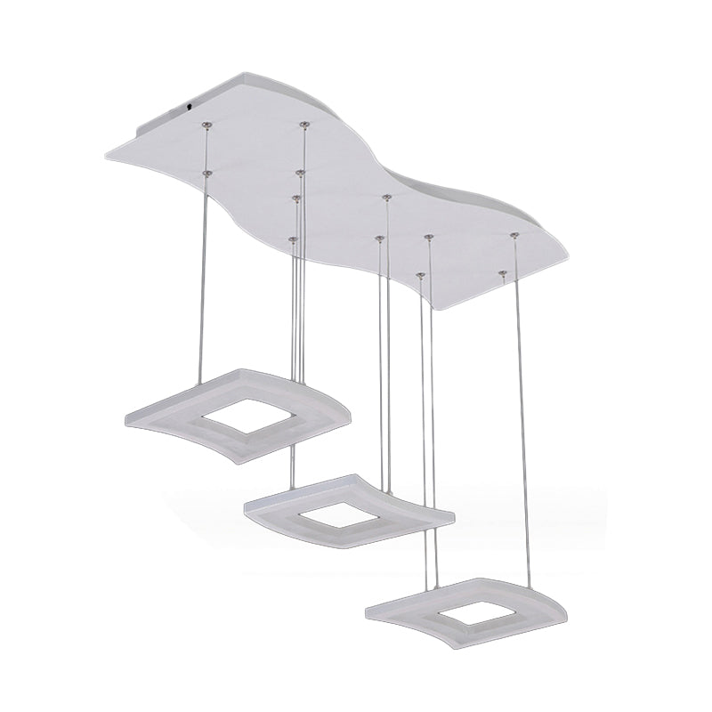 Minimalist Acrylic Curve Pendant Light 3-Light White Led Square Ceiling Hanging Lamp In Warm/White