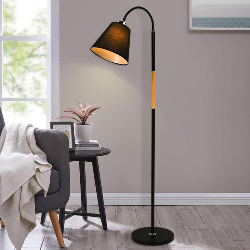 Nordic Single Floor Lamp - Black/White & Wood Gooseneck Standing Light With Cone Shade