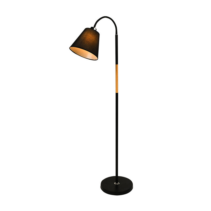 Nordic Single Floor Lamp - Black/White & Wood Gooseneck Standing Light With Cone Shade