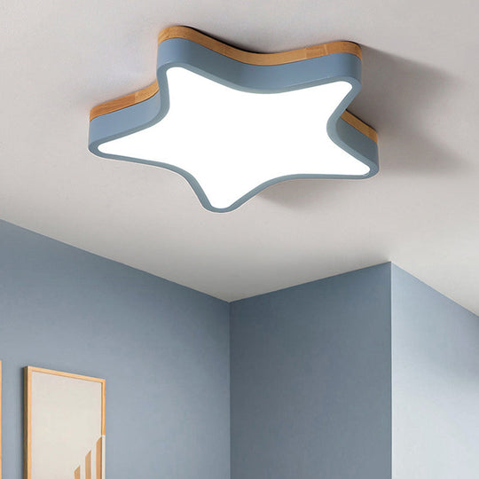 Wood Star Flush Cartoon Led Ceiling Light For Kindergarten Room Blue / 18