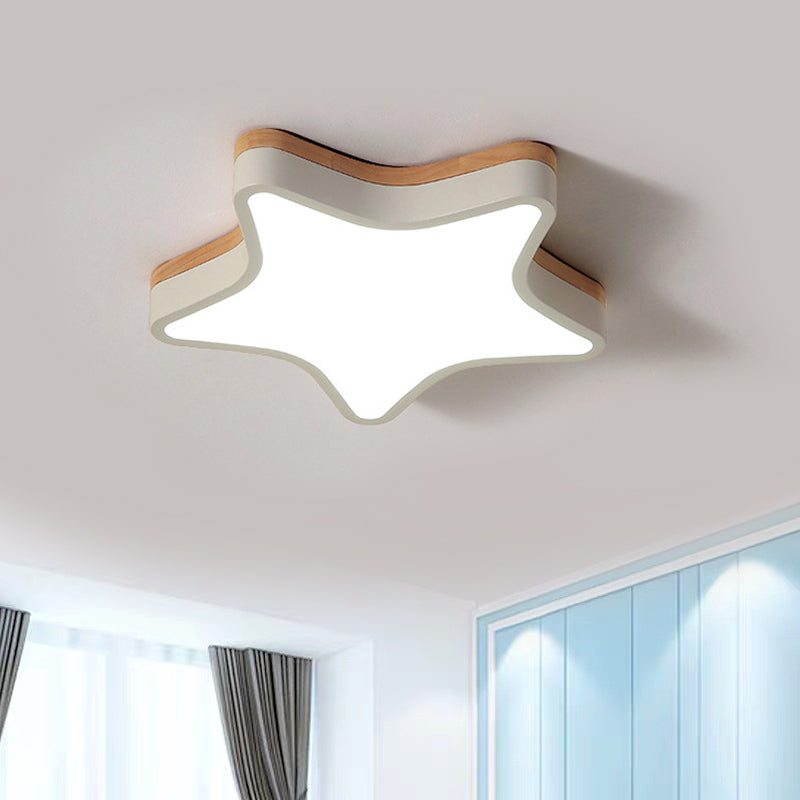 Nordic Nursing Room Star Flush Ceiling Lamp With Acrylic & Wood Panels: Slim Stylish Fixture White
