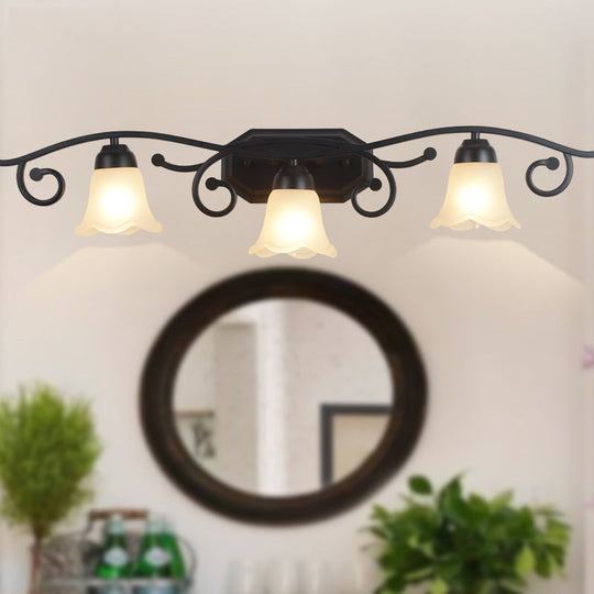 Floral White Glass Shade Vanity Lighting - Countryside Bathroom Wall Mounted Lamp 2/3 Heads Black 3