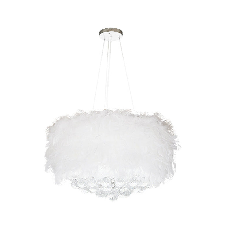 Minimalist Feather Drum Bedroom Pendant Chandelier Light In White With Crystal Orb - 3/9/11-Bulb