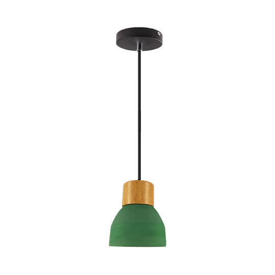 Macaron Cone/Bowl Cement Pendant Lamp With Wood Top And Single-Bulb In Green/Red Green / A