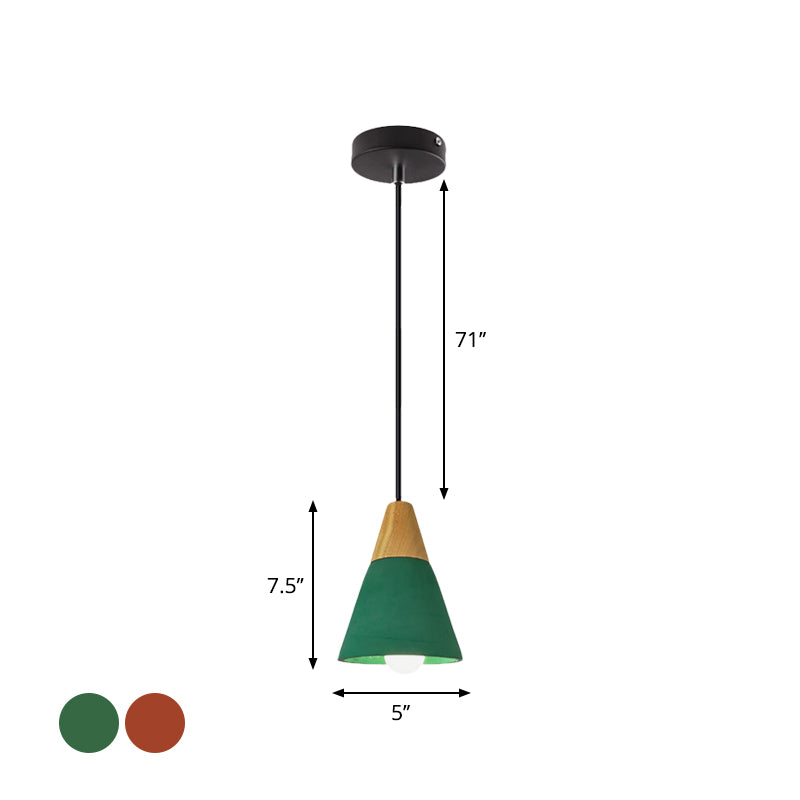 Macaron Cone/Bowl Cement Pendant Lamp With Wood Top And Single-Bulb In Green/Red