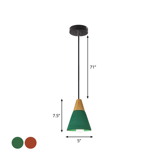 Macaron Cone/Bowl Cement Pendant Lamp With Wood Top And Single-Bulb In Green/Red
