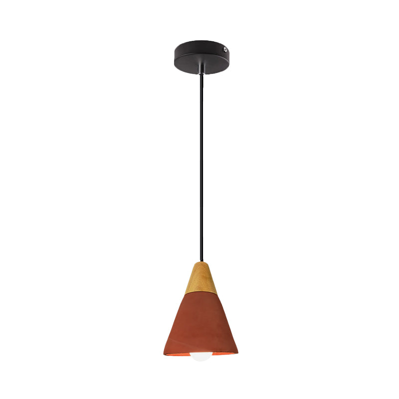 Macaron Cone/Bowl Cement Pendant Lamp With Wood Top And Single-Bulb In Green/Red Red / B