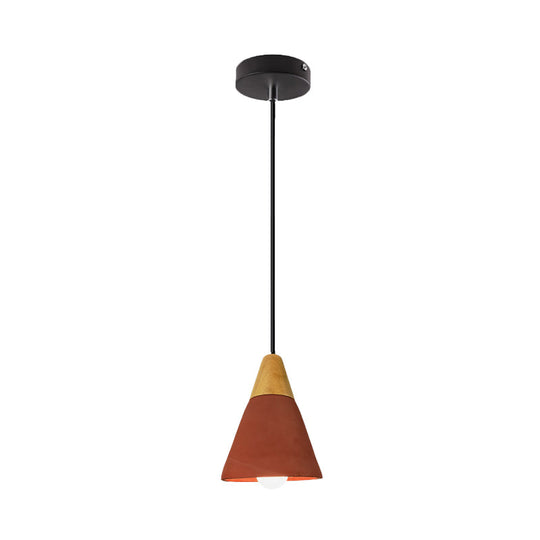 Macaron Cone/Bowl Cement Pendant Lamp With Wood Top And Single-Bulb In Green/Red Red / B