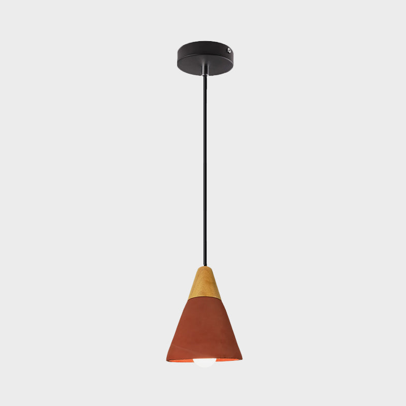 Cement Hanging Pendant Lamp - Macaron Single-Bulb Cone/Bowl Design In Green/Red With Wood Top