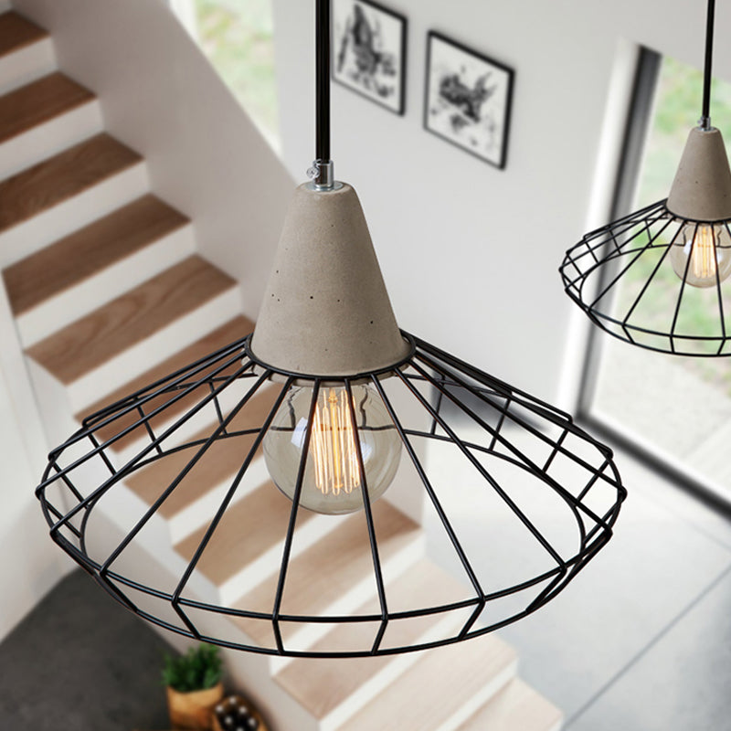 Industrial 1-Light Pendant Fixture With Cone/Cylinder/Triangle Iron Design In Black - Cement Socket