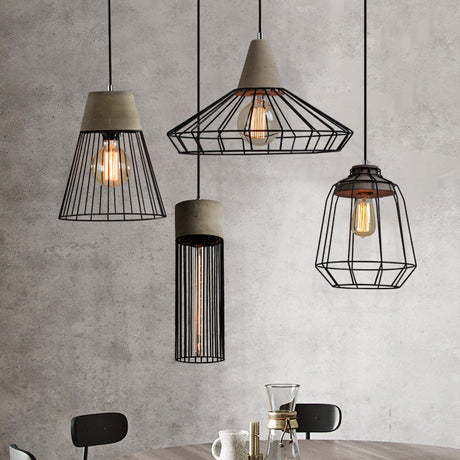 Industrial Pendant Light Fixture With 1-Light In Black Cone/Cylinder/Triangle Iron Design / Birdcage