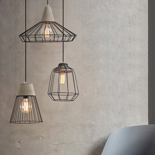 Industrial 1-Light Pendant Fixture With Cone/Cylinder/Triangle Iron Design In Black - Cement Socket