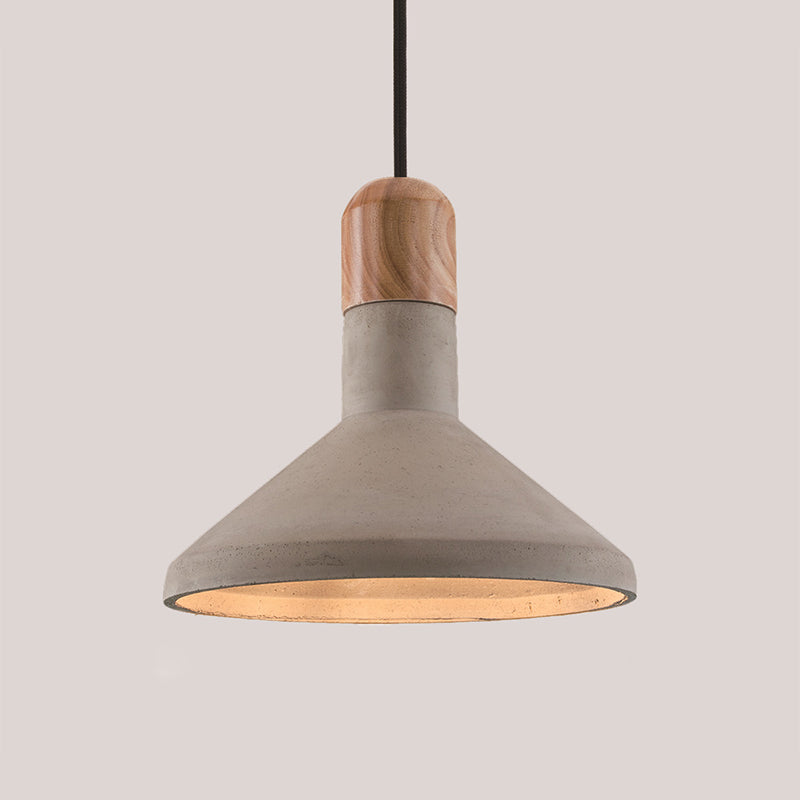 Nordic Cement Pendulum Light With Wood Top - Funnel Design 1 Bulb Grey Ceiling Pendant For Dining