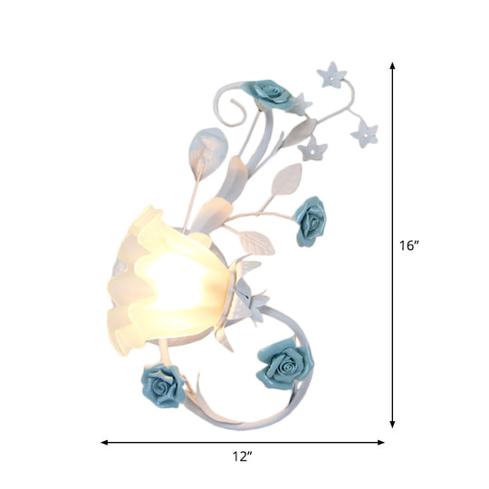 Flower Shade Frosted Glass Wall Sconce - Countryside 1-Light Bedroom Lamp In White