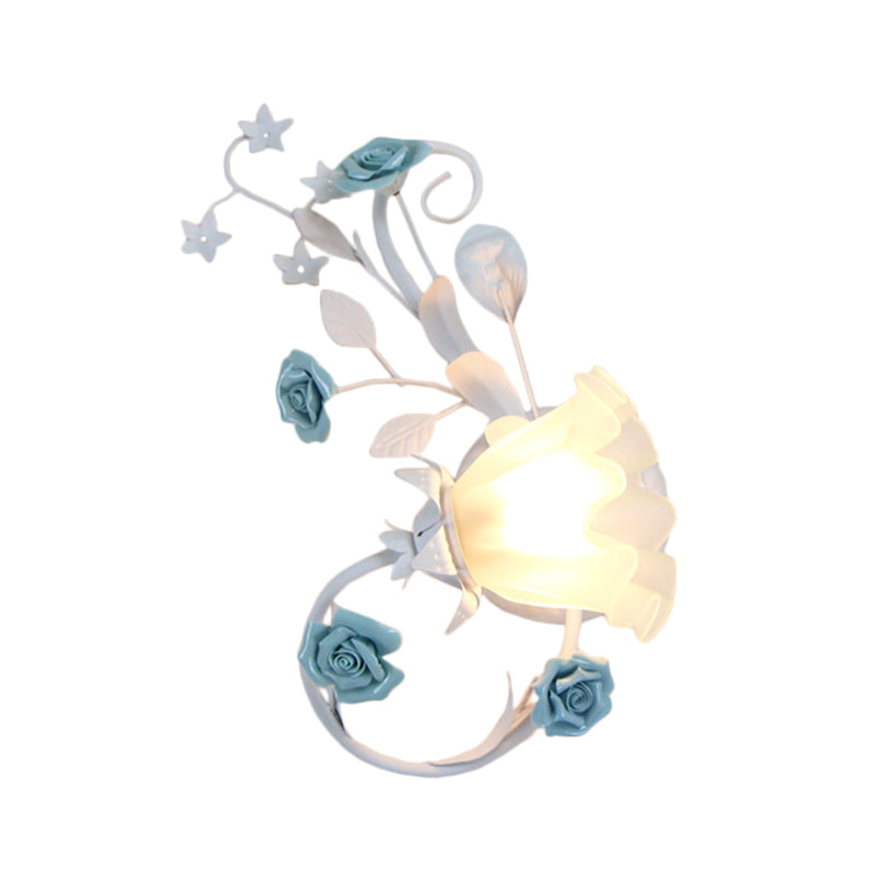 Flower Shade Frosted Glass Wall Sconce - Countryside 1-Light Bedroom Lamp In White