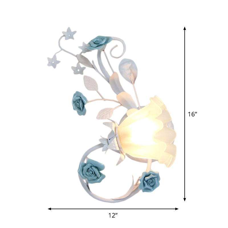 Flower Shade Frosted Glass Wall Sconce - Countryside 1-Light Bedroom Lamp In White
