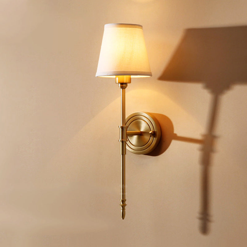 Minimalist Gold Bedroom Wall Light Kit - Tapered Fabric Shade Pencil Arm Mount Reading Lamp