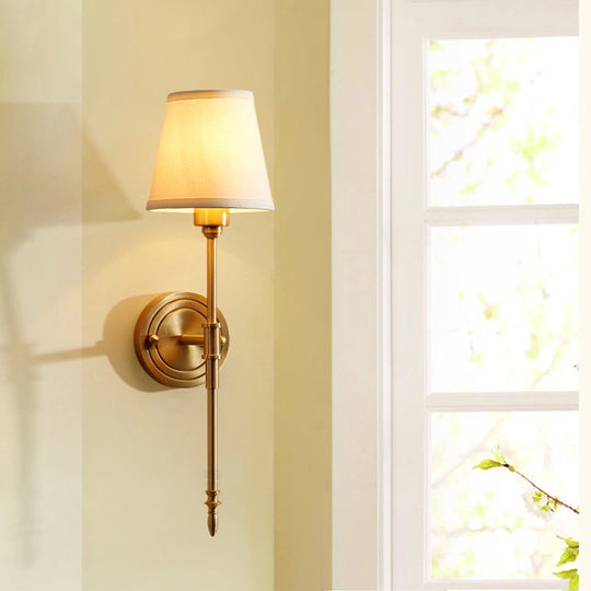 Minimalist Gold Bedroom Wall Light Kit - Tapered Fabric Shade Pencil Arm Mount Reading Lamp