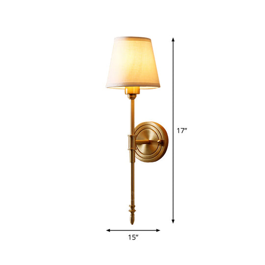 Minimalist Gold Bedroom Wall Light Kit - Tapered Fabric Shade Pencil Arm Mount Reading Lamp