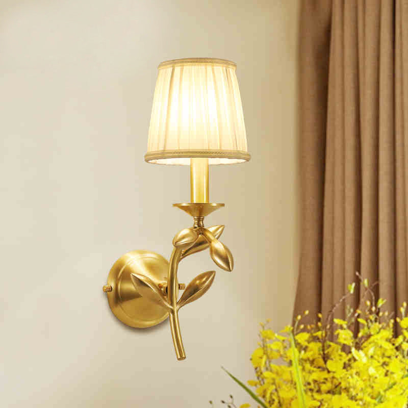 Farmhouse Gold Wheat Branch Wall Light With Gathered Fabric Shade - Single Bedroom Mount Fixture