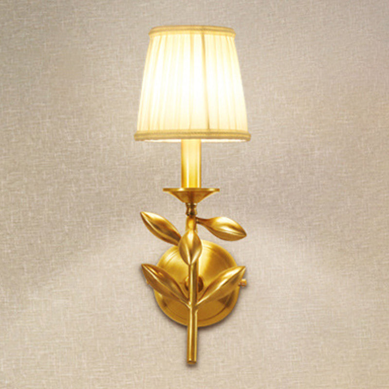 Farmhouse Gold Wheat Branch Wall Light With Gathered Fabric Shade - Single Bedroom Mount Fixture
