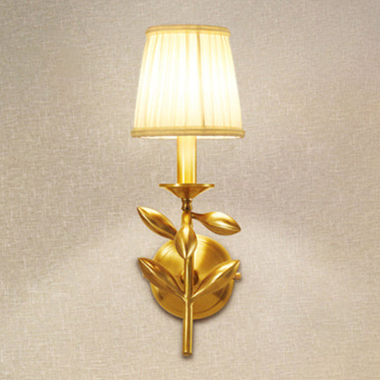 Farmhouse Gold Wheat Branch Wall Light With Gathered Fabric Shade - Single Bedroom Mount Fixture