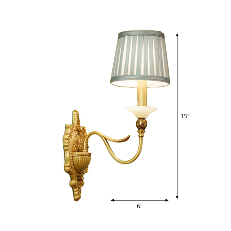 Gold Scalloped/Tapered/Curved Wall Mounted Bedside Light With Fabric/White Glass Shade