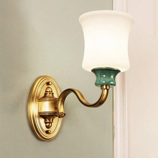 Gold Scalloped/Tapered/Curved Wall Mounted Bedside Light With Fabric/White Glass Shade 1 / C