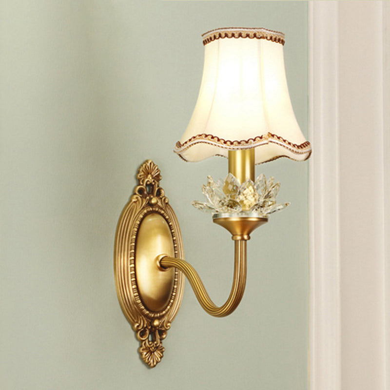 Gold Scalloped/Tapered/Curved Wall Mounted Bedside Light With Fabric/White Glass Shade 1 / D
