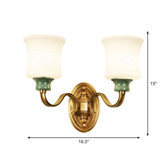 Gold Scalloped/Tapered/Curved Wall Mounted Bedside Light With Fabric/White Glass Shade