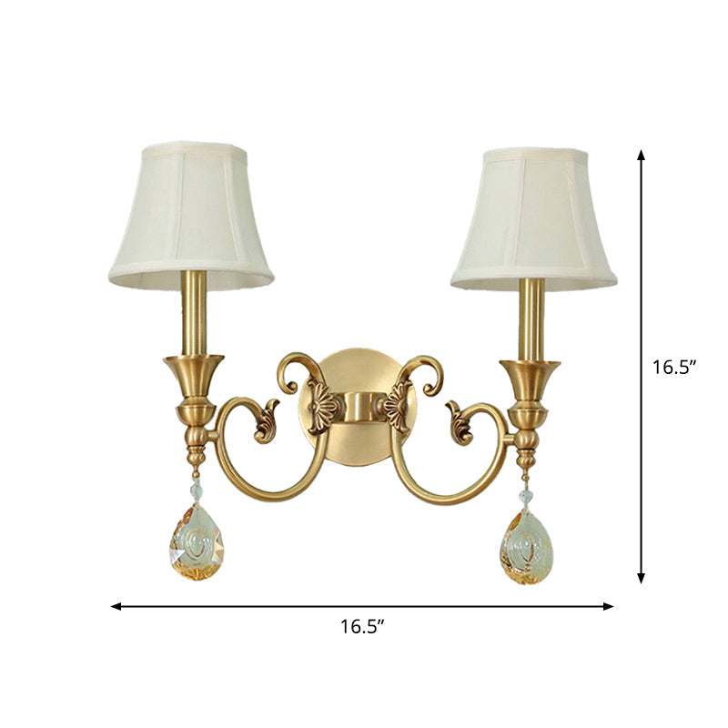 Classic Flared Wall Sconce In Gold With Crystal Drop - 1/2-Light Fabric Lamp