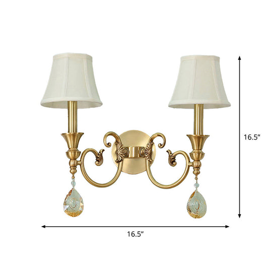 Classic Flared Wall Sconce In Gold With Crystal Drop - 1/2-Light Fabric Lamp