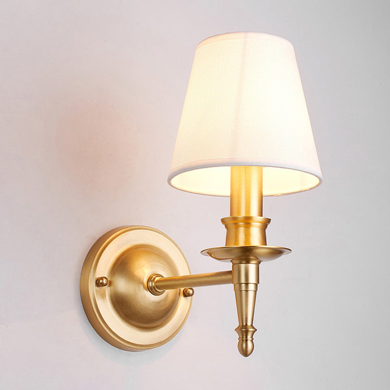 Conical Wall Light With Single-Bulb Fabric Shade Candle Design - Gold Finish